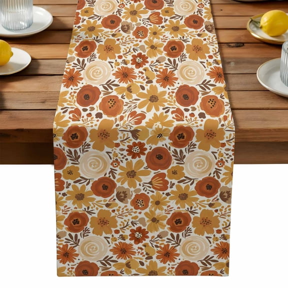 Thanksgiving Flower Table Runner, Autumn Orange Brown Yellow Floral Leaf Washable Kitchen Table Runners Dress Scarves for Dining Table Decorations Party, 13x36in