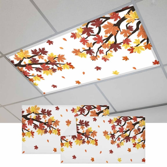 Thanksgiving Fluorescent Light Covers, Fall Maple Lea Farmhouse Autumn Magnetic Light Covers for Ceiling Lights, Fluorescent Ceiling Shade Filters for Classroom Bedroom Office 4x2Ft x 2PCS