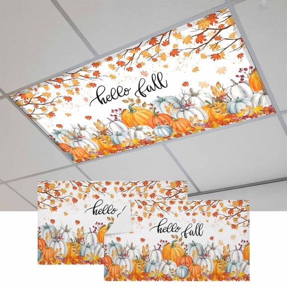 Thanksgiving Fluorescent Light Covers, Fall Maple Leaf Orange White Pumpkin Magnetic Light Covers for Ceiling Lights, Fluorescent Ceiling Shade Filters for Classroom Bedroom Office 4x2Ft x 2PCS