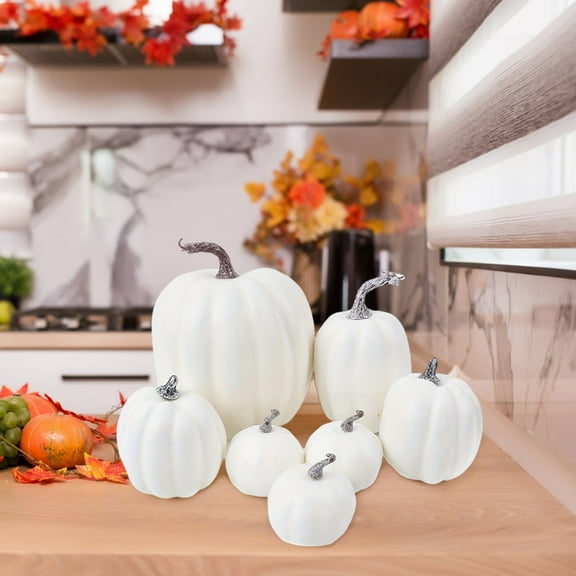 Thanksgiving Foam Pumpkins, Set of 7 Lifelike Artificial Pumpkins All-Weather Reusable Decor for Fall, Halloween, Home DIY Centerpiece Table Scatter Decorations