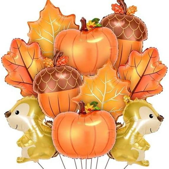 Thanksgiving Foil Balloon Set, 10PCS Fall Autumn Pumpkin Maple Leaf Acorn Squirrel Balloons, Reusable Cute Party Decoration for Harvest, Birthday, Baby Shower, Indoor Outdoor Décor