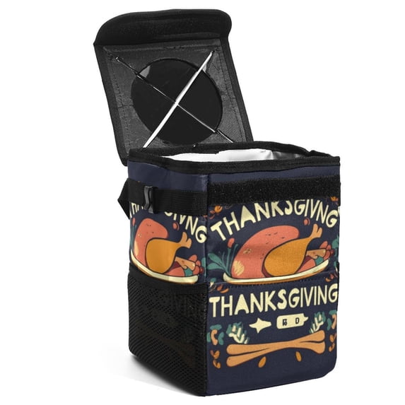 Thanksgiving Font Foldable Car Garbage Can with Lid, Leak-Proof Mini Trash Can, Hanging Storage Bag for Car