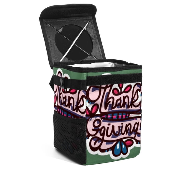 Thanksgiving Font Foldable Car Trash Can with Lid, Leak-proof Mini Trash Can Hanging Storage Bag- Car Trash Bin for
