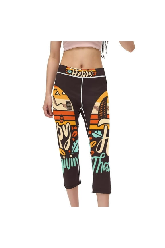 Thanksgiving Font High Waist Capris Compression Leggings for Women - Not See-Through Printed Gym Leggings Suitable for Running, Fitness, Yoga - Women Pants for Active Lifestyle
