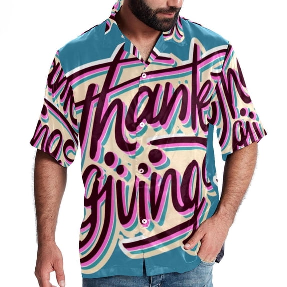 Thanksgiving Font Men's Casual Printed Button Down Short Sleeve Beach Shirts