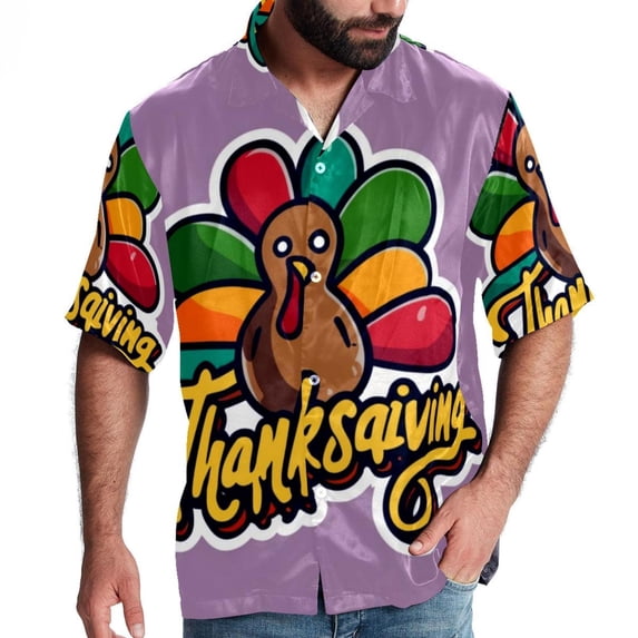 Thanksgiving Font Men's Short Sleeve Poplin Button Down Shirts - Casual Printed Summer Beach Tops for Men