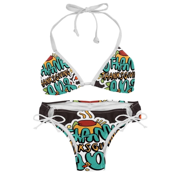 Thanksgiving Font Swimsuit Women Bikini Set with Detachable Sponge and Adjustable Strap, Two-Pack, Beach Pool Vacation.
