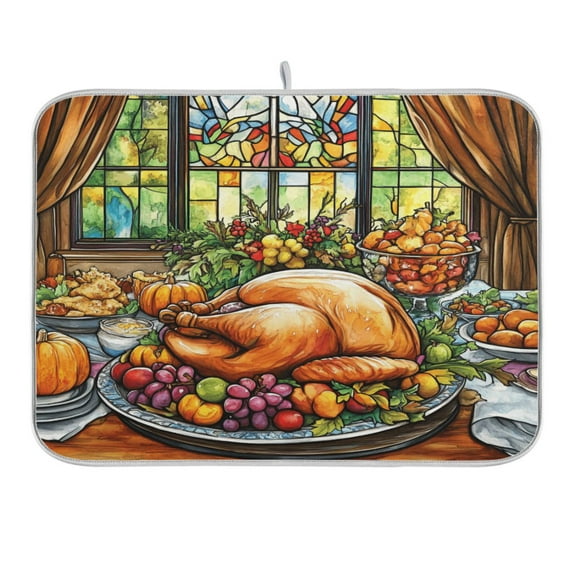 Thanksgiving Food on Table Dish Drying Mat 16x18 Absorbent Microfiber Draining Rack Pad for Kitchen Counter Sink