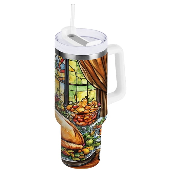 Thanksgiving Food on Table Tumbler with Handle and Straw Lid 30 oz Insulated Vacuum Water Bottle Stainless Steel Travel Cup