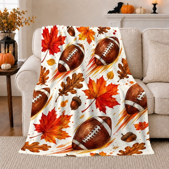 Thanksgiving Football Maple Leaf Watercolor, Playful Festive Scene, Warm Flannel Blanket for Living Room and Family Room, Art Lovers Thanksgiving Gift, Festive Home Decor