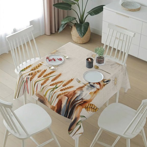 Thanksgiving Fox Autumn Daisy Table Cloth 54x54in, Waterproof Square Tablecloth Wipeable Tablecloths Farm Wheat Ears Vintage Linen Table Covers for Dining Tables Party Indoor Outdoor