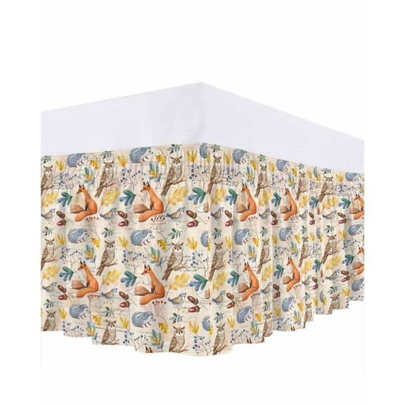 Thanksgiving Fox Bed Skirt King Size 16 Inch Drop, Fall Hedgehog Owl Leaves Retro Wrap Around Dust Ruffle Bedskirts, Wrinkle & Fade Resistant Easy Fit Bedskirt with Adjustable Elastic