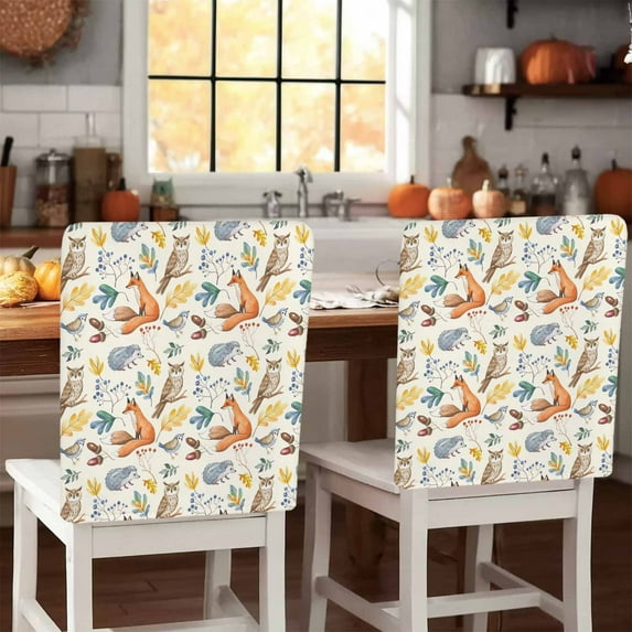 Thanksgiving Fox Chair Covers Set of 1 Retro Fall Hedgehog Owl Leaves Chair Back Covers Stretch Removable Washable Slipcovers Protector for Dining Room Kitchen Party Decor