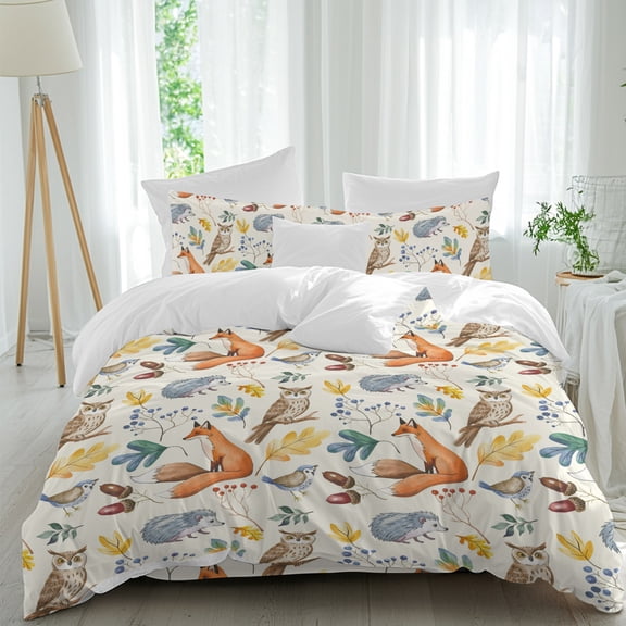 Thanksgiving Fox Comforter Set Twin Size, Retro Fall Hedgehog Owl Leaves Soft Bedding Set for Man Woman, 4 Pieces Duvet Cover Set with Fitted Sheet, 2 Pillowcases