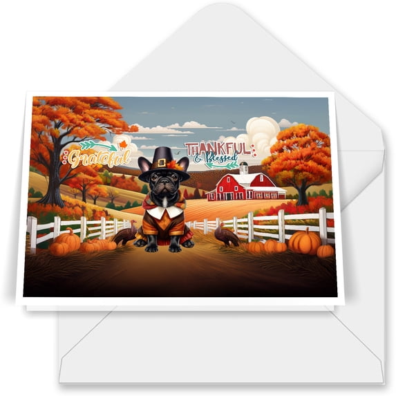 Thanksgiving French Bulldog Pilgrim Grateful, Thankful, Blessed Fall Welcome 7x5in Folded Greeting Card Dog Lover Gifts Single Note Card with Envelope - 00021