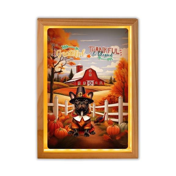Thanksgiving French Bulldog Pilgrim Grateful, Thankful, Blessed Fall Welcome Acrylic Plaque with Wood Photo Frame Box Dog Lover Gifts Light Box - 00021