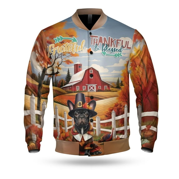 Thanksgiving French Bulldog Pilgrim Grateful, Thankful, Blessed Fall Welcome All Over Print 3D Baseball Jacket Dog Lover Gifts Bomber Jacket Softball - 00021