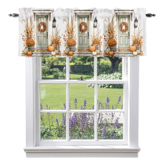 Thanksgiving Front Door Valances for Windows, Fall Farmhouse Pumpkin Maple Leaf Wreath Valance Window Treatment Rod Pocket Short Curtains Valances for Kitchen Bathroom 42"W x 18"L