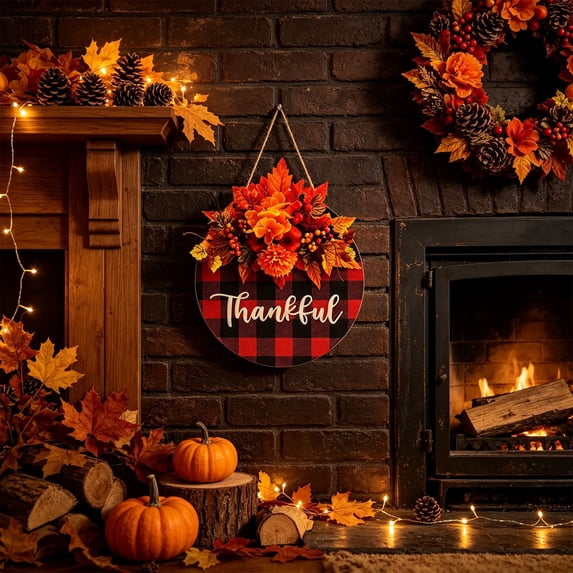 Thanksgiving Front Door Wreath Sign, Harvest Wooden Plaque, Artificial Maple Leaf Pumpkin Decor For Porch Wall