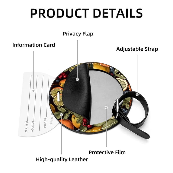 Thanksgiving Fruits Set of 2pcs PU Leather Round Suitcase Tags with Privacy Cover and Name ID Tag - Ideal for Travel Luggage, Handbags, Backpacks, School Bags