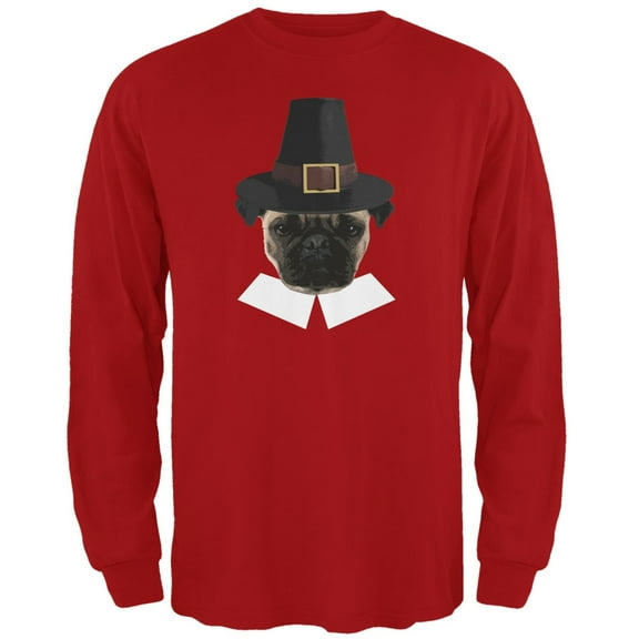 Thanksgiving Funny Pug Pilgrim Red Adult Long Sleeve T-Shirt - Medium