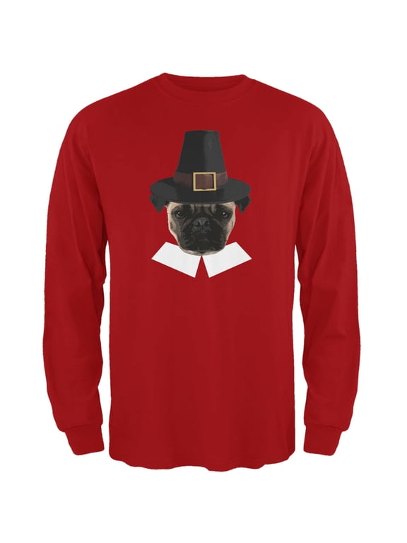 Thanksgiving Funny Pug Pilgrim Red Adult Long Sleeve T-Shirt - Small