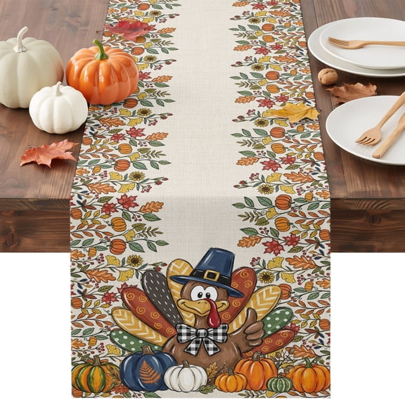 Thanksgiving Funny Turkey Table Runner - 36 Inch Long Fall Pumpkin Leaves Country Beige Cotton and Linen Blended Dress Scarves Farmhouse Table Runner for Kitchen Dining, Coffee Table, 13" x 36"