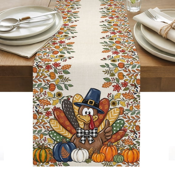 Thanksgiving Funny Turkey Table Runner, Fall Vintage Pumpkins Sunflower Maple Leaves Washable Kitchen Table Runners for Dining Table Decorations Party/Restaurant/Indoor Outdoor Use, 13x36in