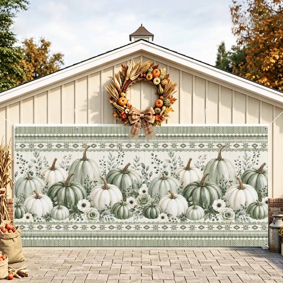Thanksgiving Garage Door Banner 6.9x8 Ft, Fall Green Pumpkins Vintage Autumn Floral Leaves Outdoor Garage Door Cover for Holiday Party, Hanging Banner Backdrop Decoration Wall Decor Flag