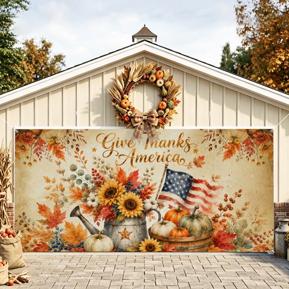 Thanksgiving Garage Door Banner 6x13 Ft, Fall Pumpkin USA Flag Sunflowers Retro Outdoor Garage Door Cover for Holiday Party, Large Hanging Banner Backdrop Decoration Wall Decor Flag