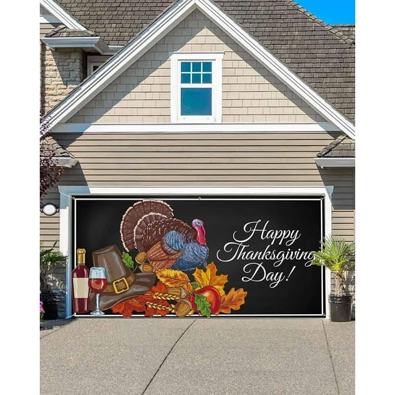 Thanksgiving Garage Door Banner Cover 6 x 13 ft, Happy Thanksgiving Day Quote Harvest Turkey Wine Garage Door Decorations Holiday Christmas Backdrop Decor for Winter New Year Xmas Party
