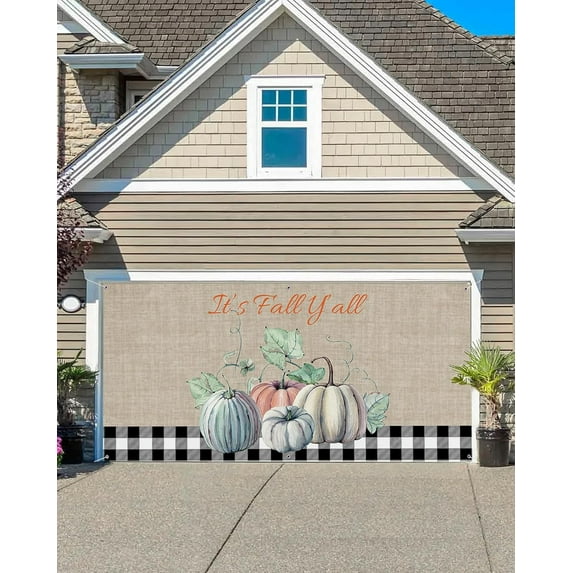 Thanksgiving Garage Door Banner Cover 6 x 13 ft, Thanksgiving Pumpkin Black Buffalo Plaid Retro Linen Garage Door Decorations Holiday Christmas Backdrop Decor for Winter New Year Xmas Party
