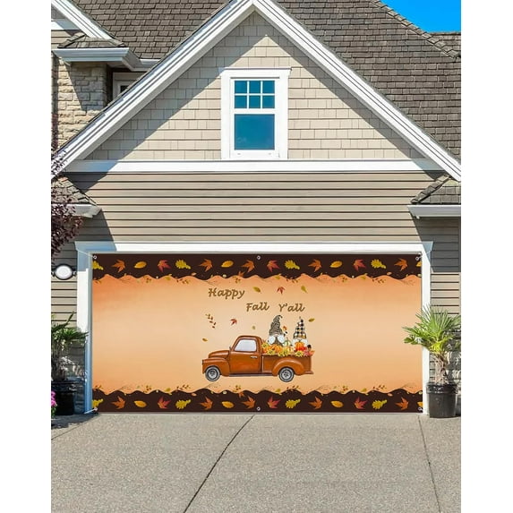 Thanksgiving Garage Door Banner Cover 6 x 13 ft, Thanksgiving Truck Pull Gnomes Pumpkins Maple Leaves Garage Door Decorations Holiday Christmas Backdrop Decor for Winter New Year Xmas Party