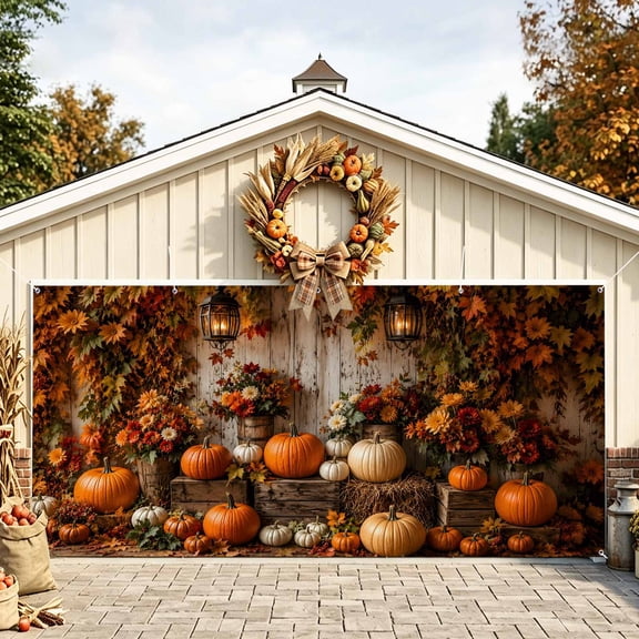 Thanksgiving Garage Door Banner Cover 7 x 8 ft Orange White Pumpkins Wooden Crates Vintage Lanterns Garage Door Decoration Hanging Garage Door Cover Backdrop Wall Decoration for Outdoor Autumn Party