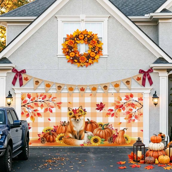 Thanksgiving Garage Door Banner Covers, Fall Orange Fox Pumpkins Sunflower Leaf Plaid Large Hanging Indoor/Outdoor Backdrop Background for Christmas Winter Party Decor, 6.9x16ft