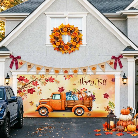 Thanksgiving Garage Door Banner Covers, Happy Fall Pumpkin Truck Orange Maple Leaf Watercolor Large Hanging Indoor/Outdoor Backdrop Background for Christmas Winter Party Decor, 6.9x16ft