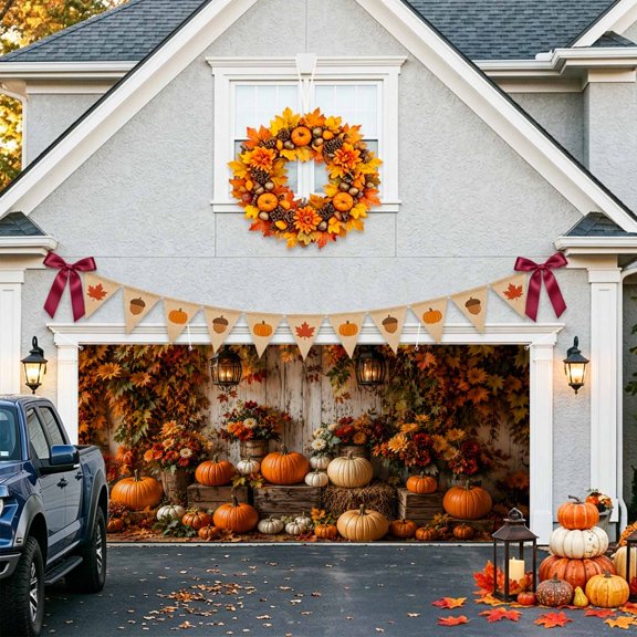 Thanksgiving Garage Door Banner Covers, Orange White Pumpkins Wooden Crates Vintage Lanterns Large Hanging Indoor/Outdoor Backdrop Background for Christmas Winter Party Decor, 6.9x8ft
