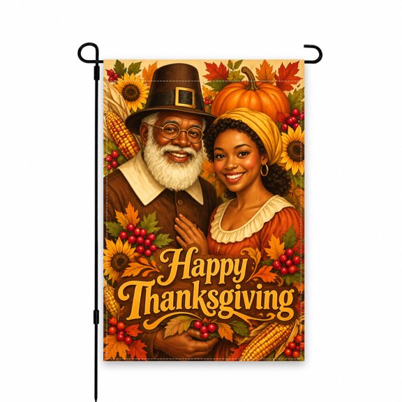 Thanksgiving Garden Flag 12 x 18 Inch, Pilgrims and Autumn Harvest Theme with Pumpkins, Sunflowers, Corn, and Fall Leaves, Outdoor Yard and Porch Decor