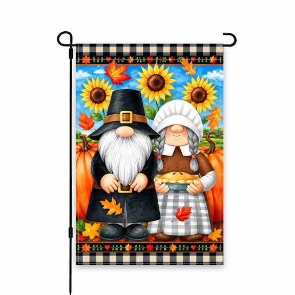 Thanksgiving Garden Flag 12 x 18 Inch - Pilgrims, Sunflowers, and Pumpkins Design for Outdoor Fall Dcor - Perfect for Yard, Lawn, Patio, Porch Display