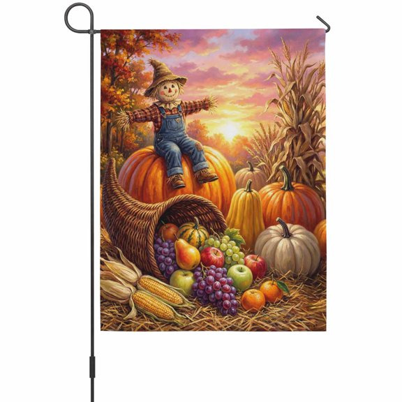 Thanksgiving Garden Flag 12 x 18 Inches, Fall Harvest Pumpkins Fruit Sunset Rural Fields Weather Proof Outdoor Patio Flags Double Sided Small Garden Decoration for Yard Outside Home