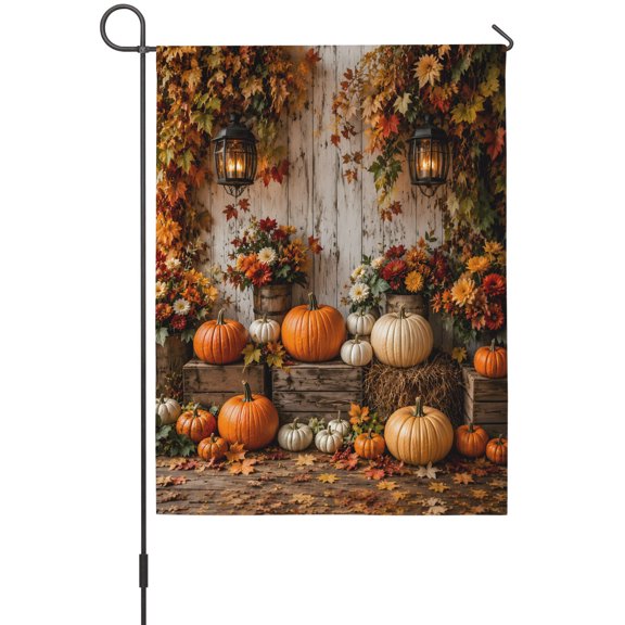 Thanksgiving Garden Flag 12 x 18 Inches, Orange White Pumpkins Wooden Crates Vintage Lanterns Weather Proof Outdoor Patio Flags Double Sided Small Garden Decoration for Yard Outside Home