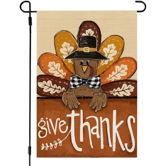 Thanksgiving Garden Flag 12x18 Inch Double Sided Burlap Give Thanks Turkey Autumn Seasonal Outdoor Yard Decoration