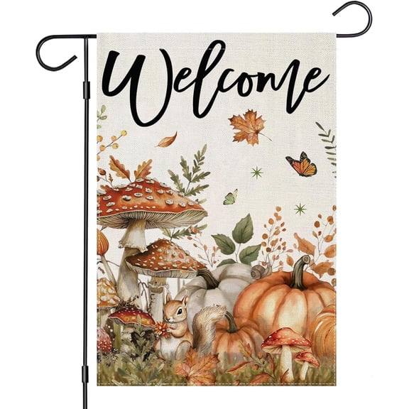 Thanksgiving Garden Flag 12x18 Inch Double Sided Fall Mushrooms With Pumpkins Small Yard Decor for Harvest Autumn Holiday Outdoor