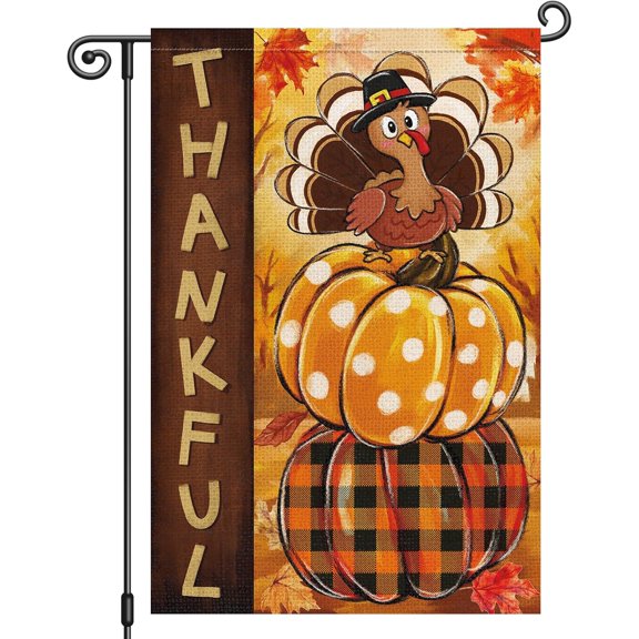 Thanksgiving Garden Flag 12x18 Inch Double Sided Thankful Turkey Pumpkin Flag Burlap Small Seasonal Fall Garden Flags for Outside House Farmhouse Yard Harvest Autumn Decoration