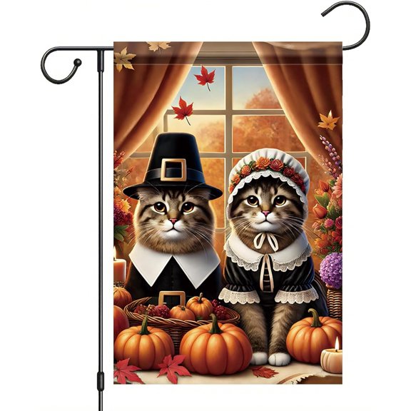 Thanksgiving Garden Flag 12x18 Inch Pilgrim Cats with Pumpkins and Fall Decor Autumn Seasonal Outdoor Yard Porch Lawn Banner