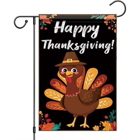 Thanksgiving Garden Flag 12x18 Inch Turkey with Pilgrim Hat and Autumn Leaves Happy Thanksgiving Outdoor Yard Porch Lawn Banner