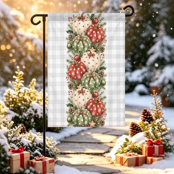 Thanksgiving Garden Flag 12x18 inch Fall Harvest Red Green White Pumpkins Grey Plaid Double Sided Small Decorative Garden Flags for Outside, Outdoor Yard Porch Lawn Decoration