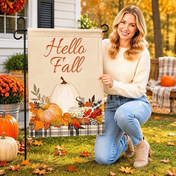 Thanksgiving Garden Flag 18X12 Inch Hello Fall Print Outdoor Fall Decor for Porch Farmhouse Yard Decoration for Autumn Harvest Season 1 Pack