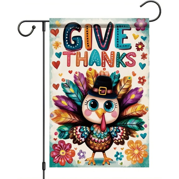 Thanksgiving Garden Flag Give Thanks Turkey Feather Flag 12x18 Inch Double Sided Outdoor Yard Banner for Fall Harvest, Thanksgiving Decor, Autumn Holiday Decoration Decor