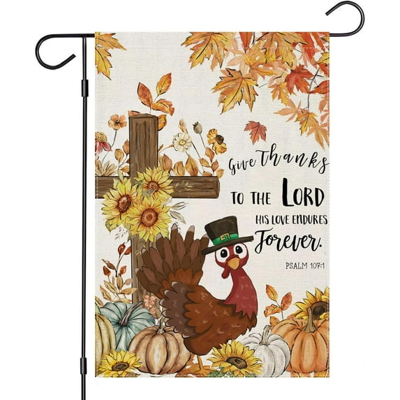 Thanksgiving Garden Flags 12.5x18 Double Sided, Religious Cross with Turkey Small Seasonal Decor for Fall Harvest Autumn Yard Outside Outdoor